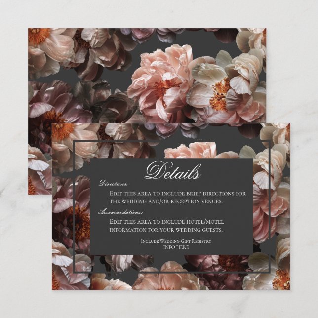 Boho Dark Peony Flower Modern Wedding Details Enclosure Card (Front/Back)