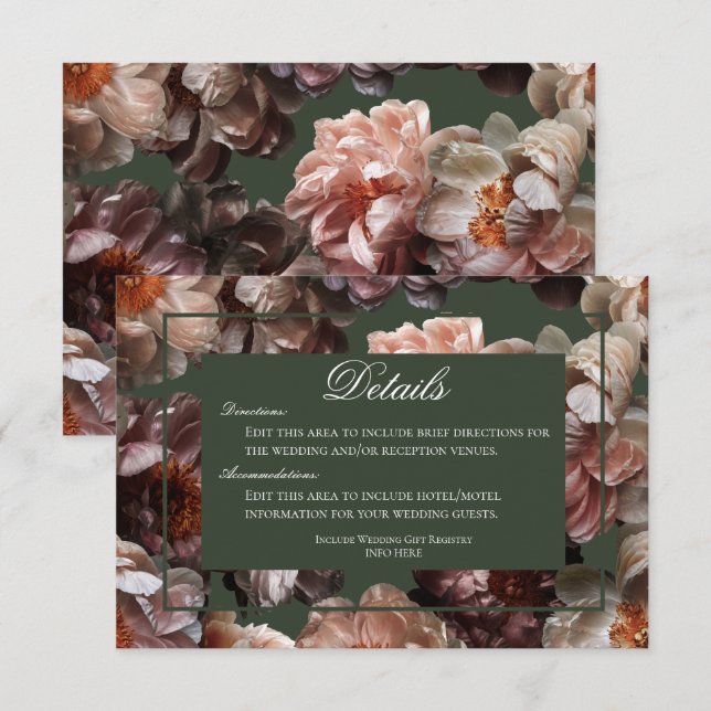 Boho Dark Peony Flower Modern Wedding Details  Enclosure Card (Front/Back)