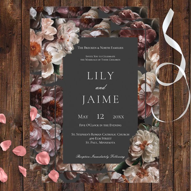 Boho Dark Peony Flowers Modern Wedding Invitation (Creator Uploaded)