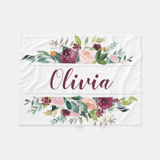 Boho dark red watercolor flowers personalized fleece blanket (Front (Horizontal))