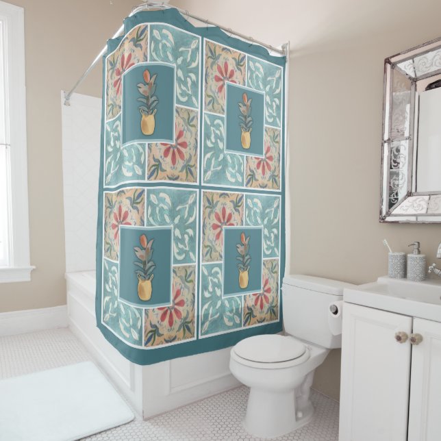 Boho Decorative Tile (Floral) Shower Curtain (In Situ)