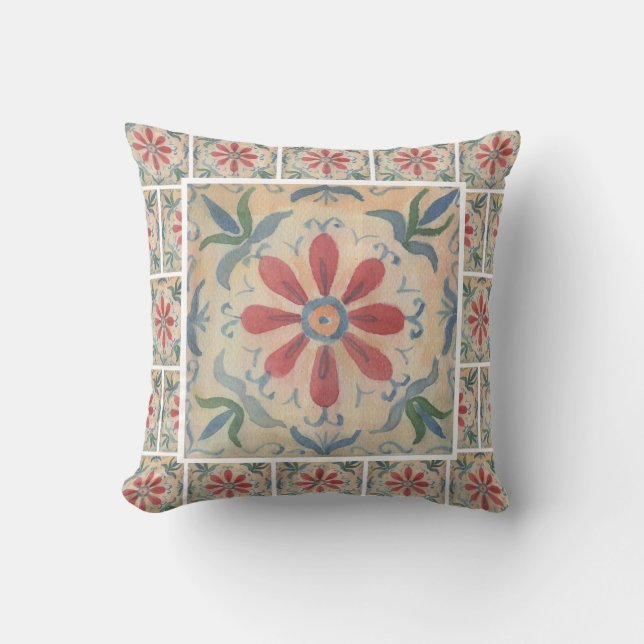 Boho Decorative Tile (Floral) Throw Pillow (Front)