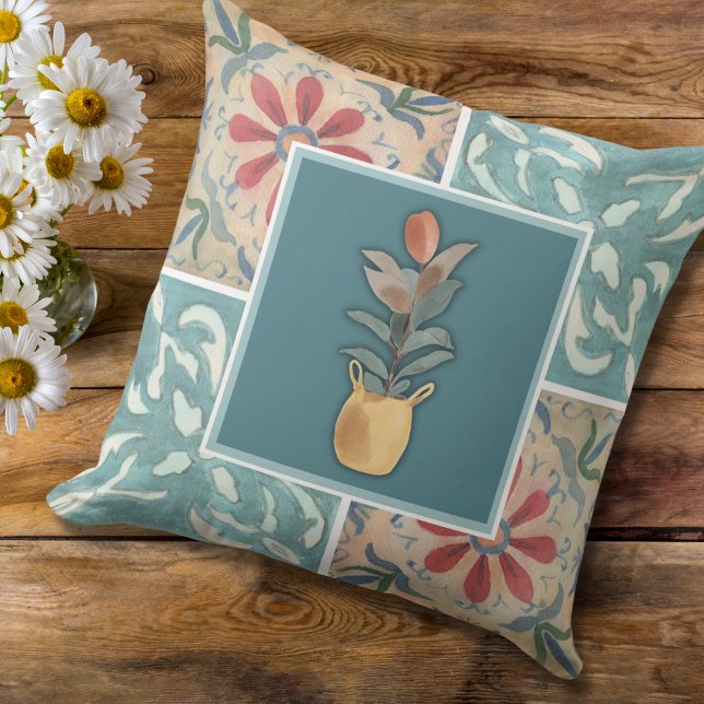 Boho Decorative Tile & Floral Throw Pillow (Creator Uploaded)