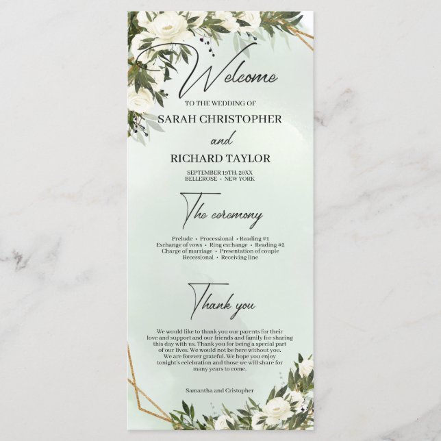 Boho deep green foliage white roses gold frame program (Front)