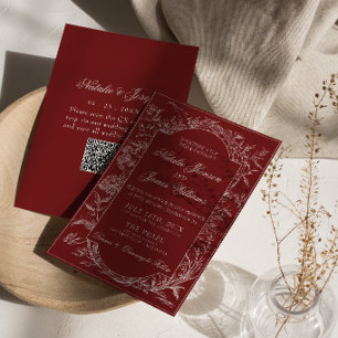 Boho Deep Red Floral QR Code Botanical Wedding Invitation