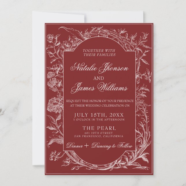 Boho Deep Red Floral QR Code Botanical Wedding Invitation (Front)