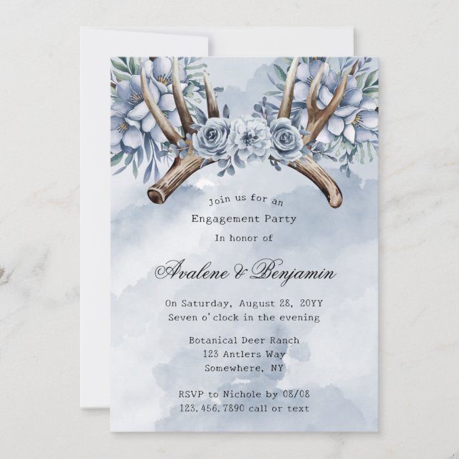Boho Deer Antler Blue Floral Bachelorette Party Invitation (Front)