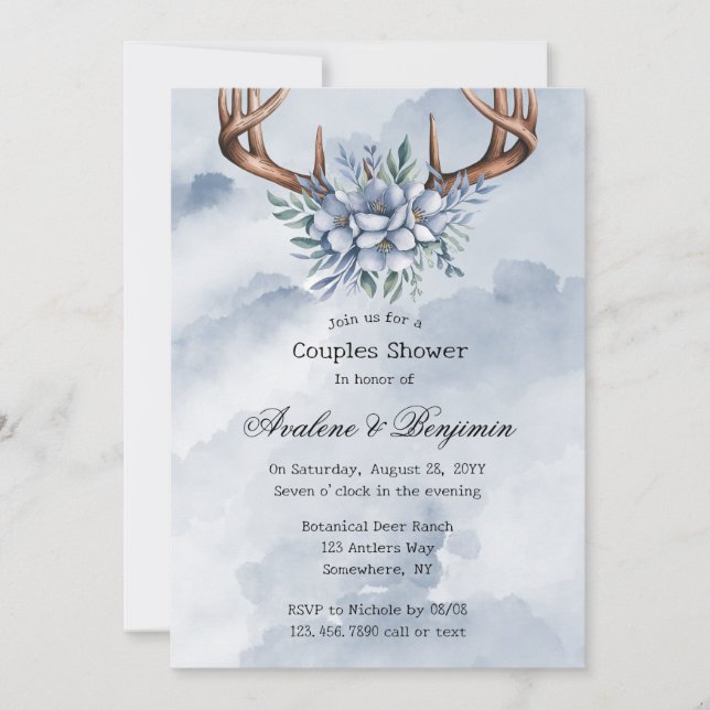 Boho Deer Antler Blue Floral Wedding Couple Shower Invitation (Front)