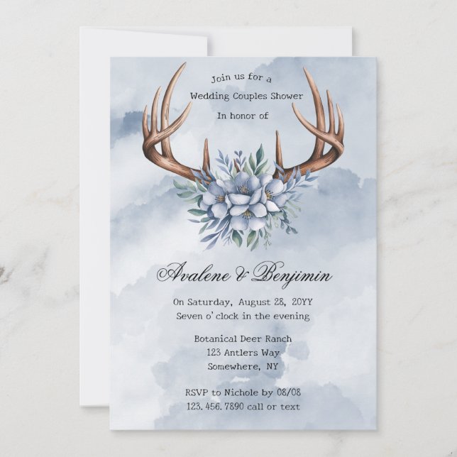 Boho Deer Antler Blue Floral Wedding Couple Shower Invitation (Front)