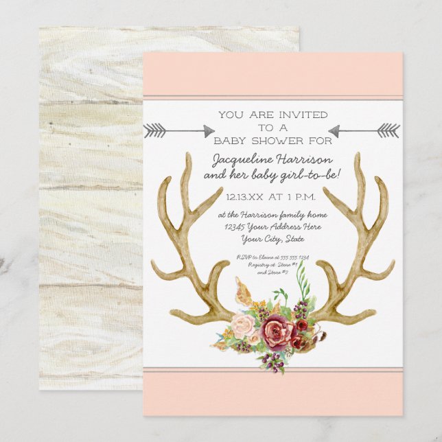 BOHO Deer Antler Blush Floral Baby Girl Shower Invitation (Front/Back)