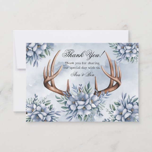 Boho Deer Antler Dusty Blue Floral Thank You (Front)