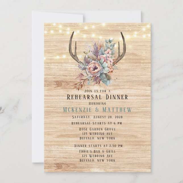 Boho Deer Antler Floral Rehearsal Dinner Invitation (Front)
