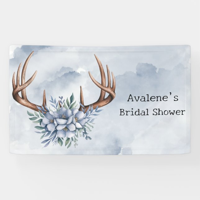 Boho Deer Antler with Blue Florals Wedding Banner (Horizontal)