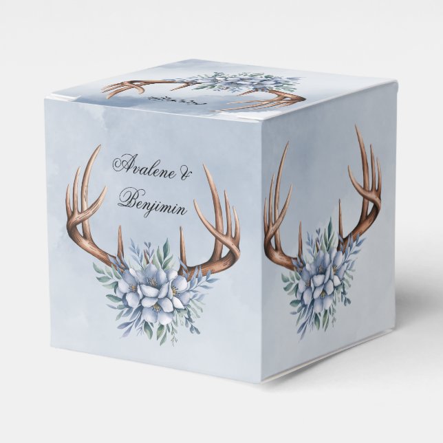 Boho Deer Antler with Blue Florals Wedding Favor Box (Front Side)