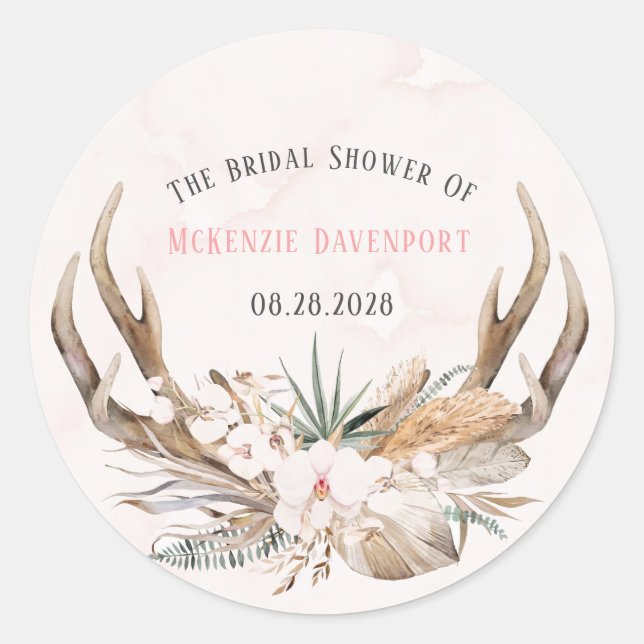Boho Deer Antlers and Florals Bridal Shower Classic Round Sticker (Front)