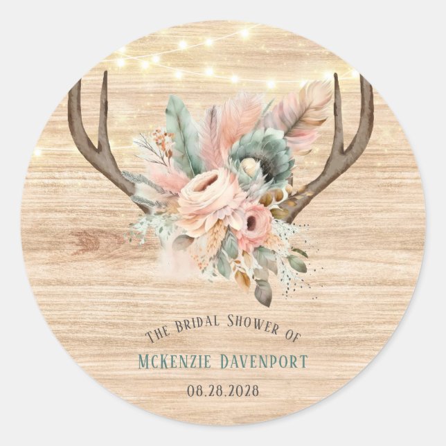 Boho Deer Antlers and Florals Wood Bridal Shower Classic Round Sticker (Front)