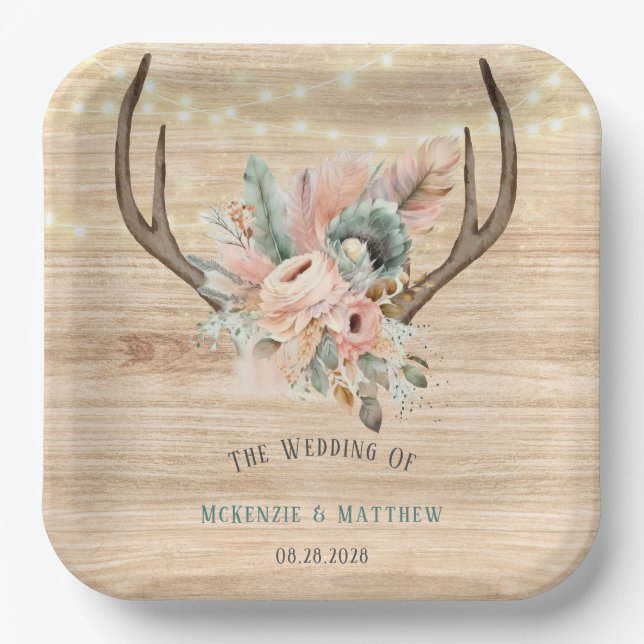 Boho Deer Antlers and Florals Wood Wedding Paper Plate (Front)