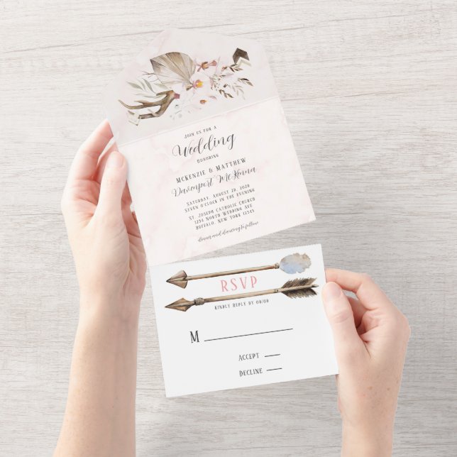 Boho Deer Antlers Arrow And Feathers Wedding All I In One Invitation (Tearaway)