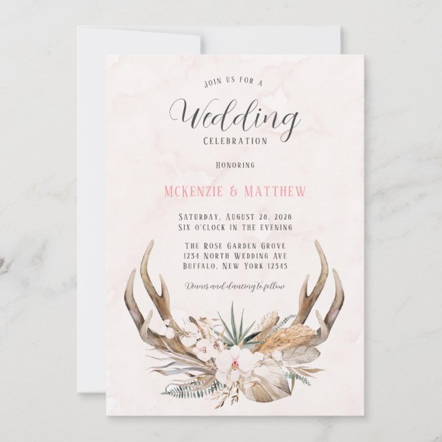 Boho Deer Antlers et Florals Faire-part de mariage (Devant)