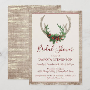 Boho Deer Antlers   Rustic Christmas Bridal Shower Invitation