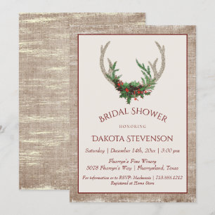 Boho Deer Antlers   Rustic Christmas Bridal Shower Invitation
