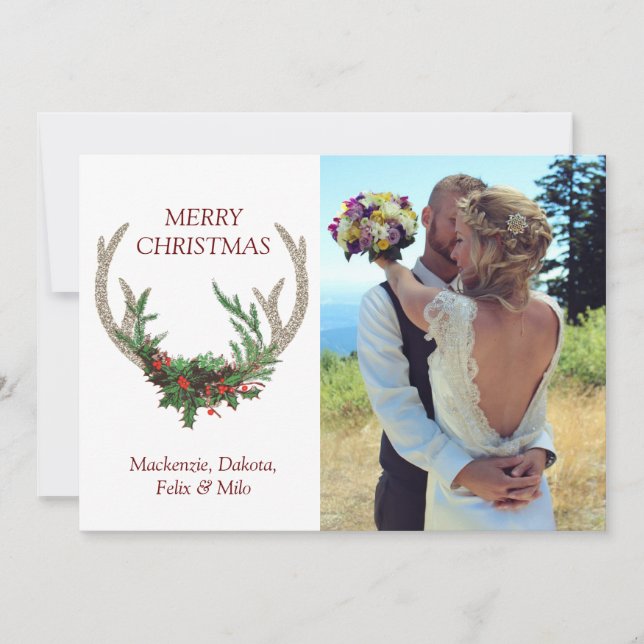 Boho Deer Antlers | Rustic Christmas Floral Photo Holiday Card (Front)