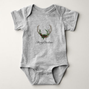 Boho Deer Antlers   Rustic Red Christmas Floral Baby Bodysuit