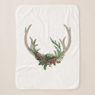 Boho Deer Antlers   Rustic Red Christmas Floral Sherpa Blanket