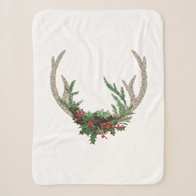 Boho Deer Antlers | Rustic Red Christmas Floral Sherpa Blanket (Front)