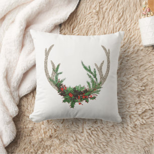 Boho Deer Antlers   Rustic Red Christmas Floral Throw Pillow