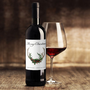 Boho Deer Antlers Rustic Red Christmas Floral Wine Label