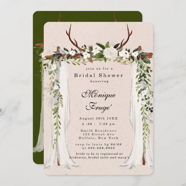 Boho Deer Antlers White Canopy Chic Bridal Shower Invitation (Front/Back)