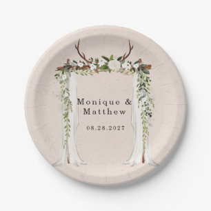 Boho Deer Antlers White Canopy Rustic Wedding Paper Plate