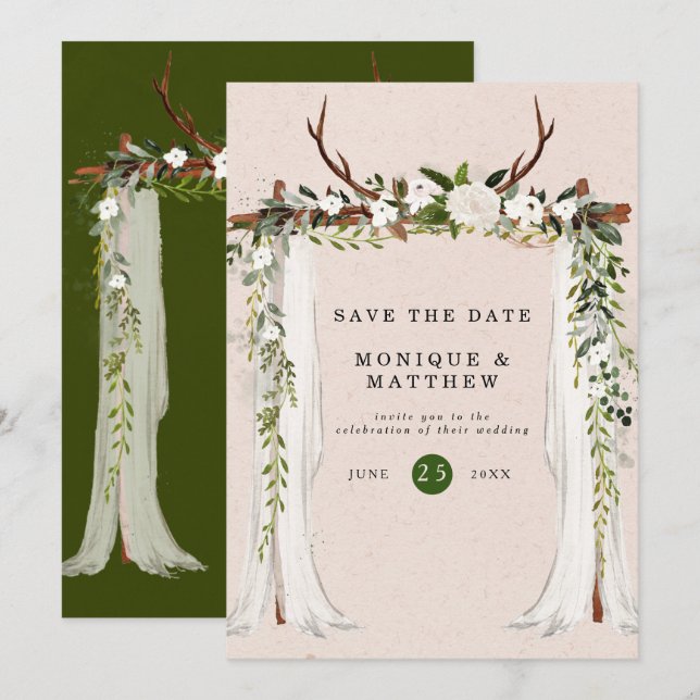 Boho Deer Antlers White Canopy Save The Date Invitation (Front/Back)
