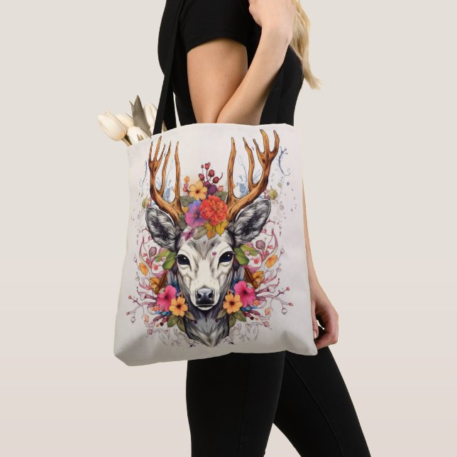 Boho Deer Colourful Flowers Tote Bag (Close Up)