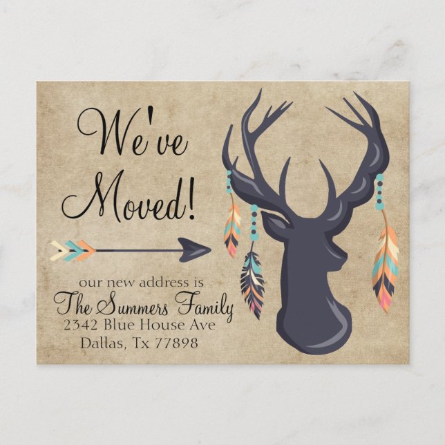 Boho Deer We've Moved Address Announcement  Bird Postcard (Front)