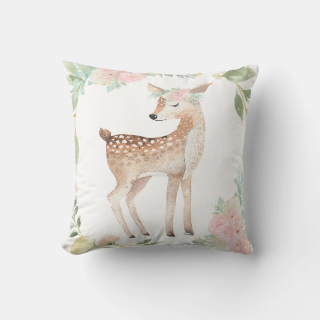 Boho Deer Woodland Blush Baby Girl Nursery Pillow (Front)