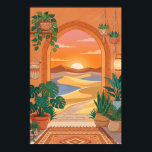 Boho Desert Archway Sunset with Dunes, Hanging Pla Poster<br><div class="desc">Boho desert archway framing golden sunset dunes, with hanging monstera, snake plants, and terracotta pots. Warm orange sky, teal shadows, and geometric patterns create a cozy boho vibe. Perfect for bedroom, living room, or Southwestern decor—high-resolution digital illustration. Add dreamy desert wanderlust to your modern space with this minimalist boho landscape....</div>