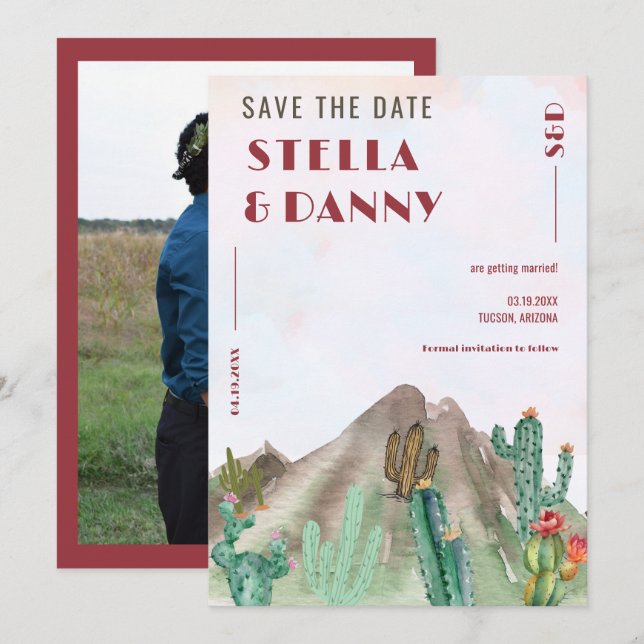 Boho Desert Cactus Arizona Destination wedding Invitation (Front/Back)