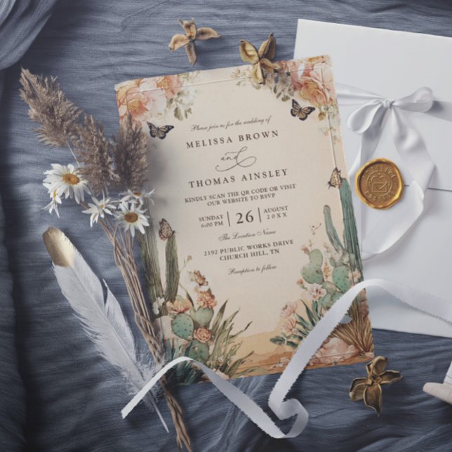 Boho Desert Cactus Elegant QR Code Wedding Invitation (Creator Uploaded)