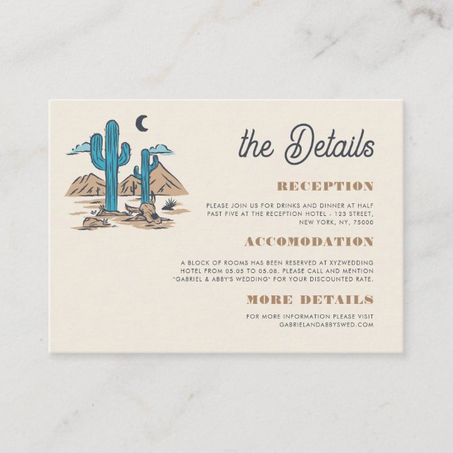 Boho Desert Cactus Retro Arizona Wedding Details Enclosure Card (Front)