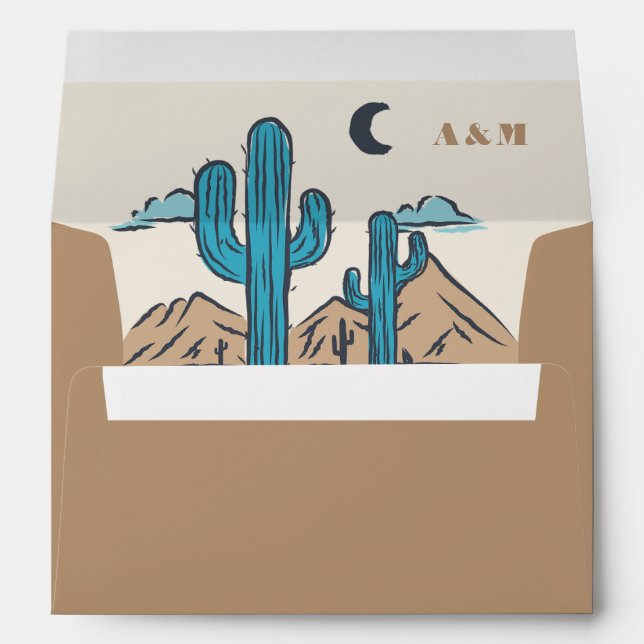 Boho Desert Cactus Retro Monogram Arizona Wedding Envelope (Back (Bottom))