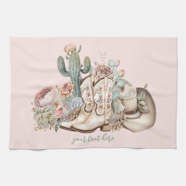 Boho desert cowgirl cowboy boots cowboy hat kitchen towel (Horizontal)