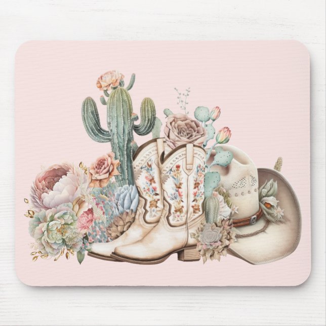 Boho desert cowgirl cowboy boots cowboy hat mouse pad (Front)