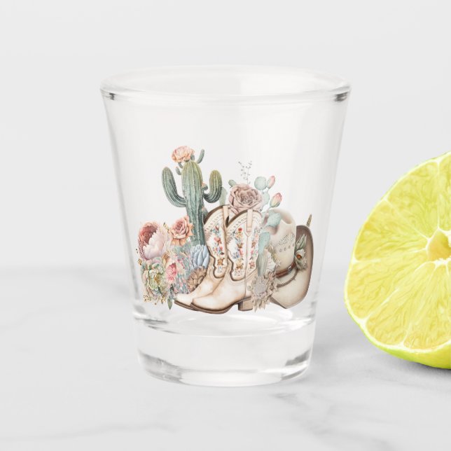 Boho desert cowgirl cowboy boots cowboy hat shot glass (Front)