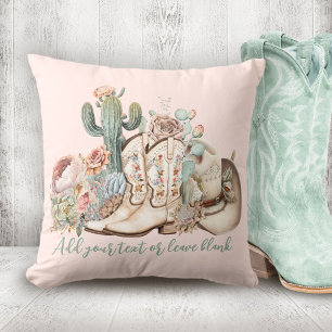 Boho desert cowgirl cowboy boots cowboy hat throw pillow
