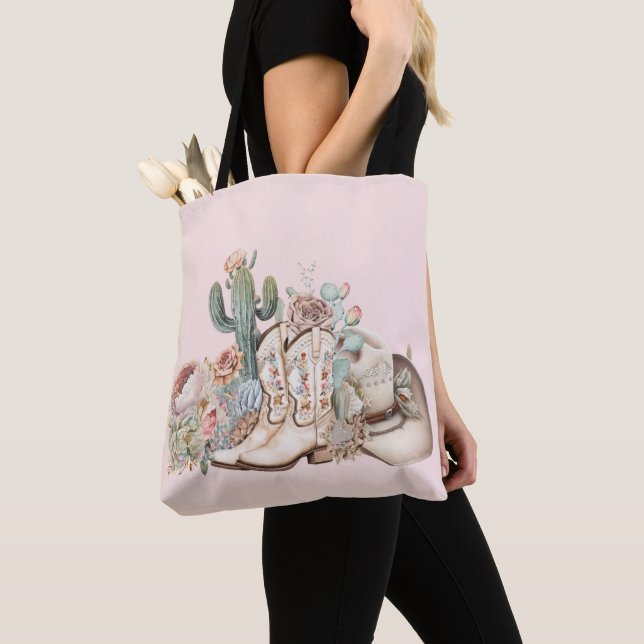 Boho desert cowgirl cowboy boots cowboy hat tote bag (Close Up)