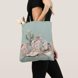 Boho desert cowgirl cowboy boots cowboy hat tote bag