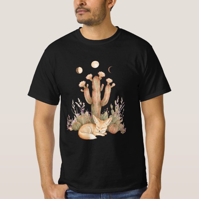 Boho Desert Fennec Fox Sleeping Under Saguaro Cact T-Shirt (Front)