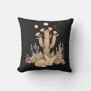 Boho Desert Fennec Fox Sleeping Under Saguaro Cact Throw Pillow